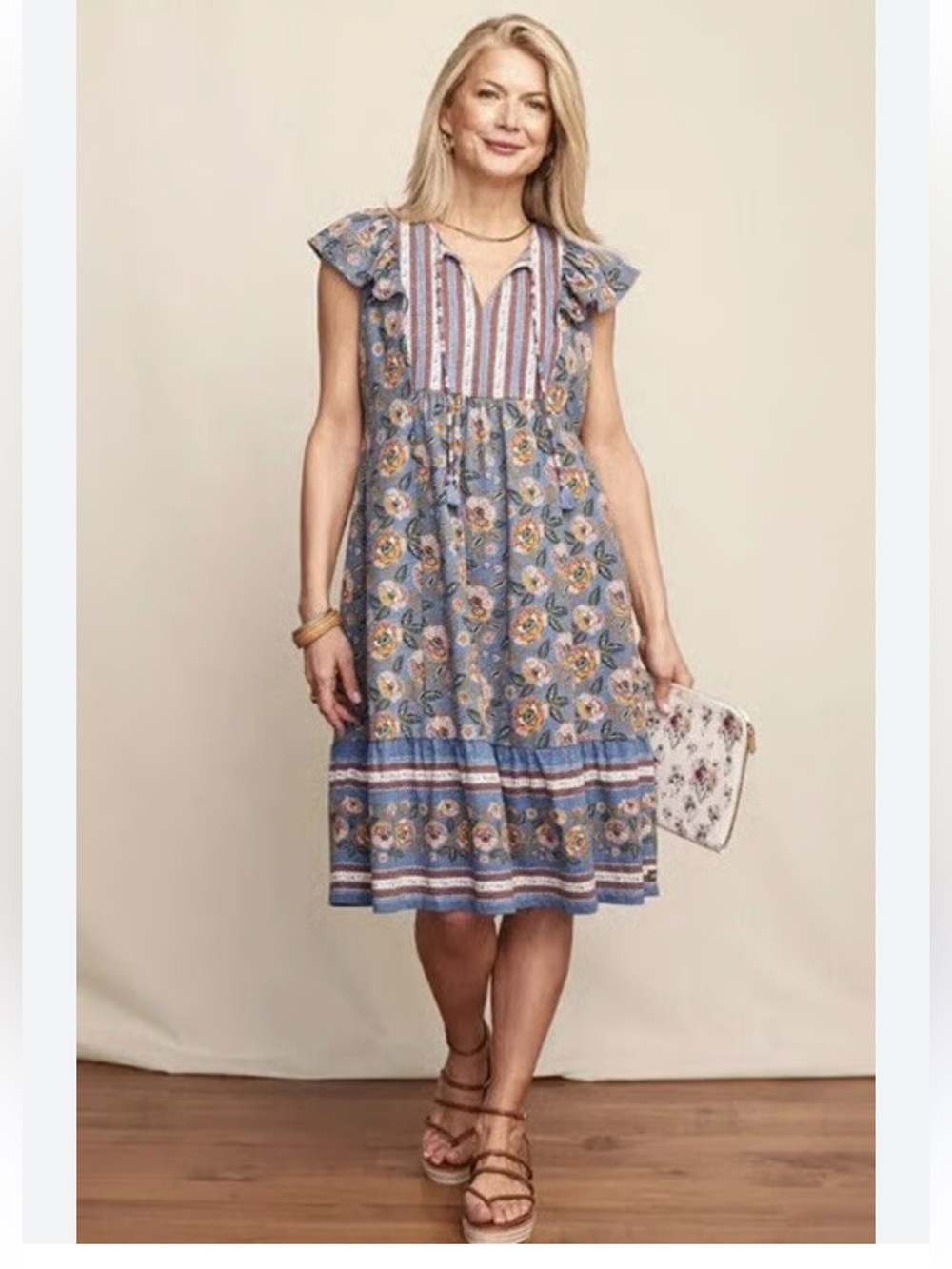 Matilda Jane Heart To Heart Floral Flutter Sleeve Dress Medium Blue print